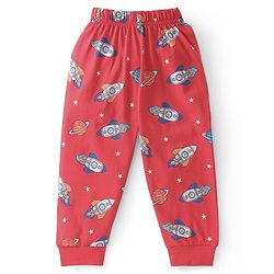 Babyhug Cotton Knit Single Jersey Half Sleeves Night Suit With Rocket Print - Red