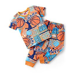 Babyhug Single Jersey Knit Half Sleeves Night Suit Basketball Print - Orange & Blue