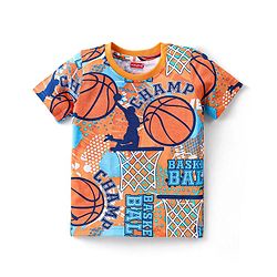 Babyhug Single Jersey Knit Half Sleeves Night Suit Basketball Print - Orange & Blue