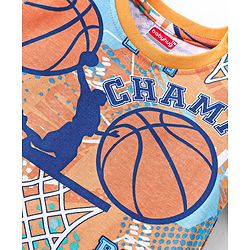 Babyhug Single Jersey Knit Half Sleeves Night Suit Basketball Print - Orange & Blue