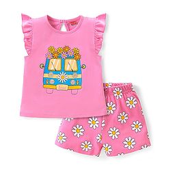 Babyhug Cotton Knit Frill Sleeves Night Suit With Floral Print - Pink