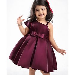 Babyhug Party Wear One Shoulder Pleated Dress With Bow Applique - Maroon