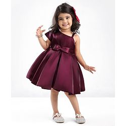 Babyhug Party Wear One Shoulder Pleated Dress With Bow Applique - Maroon