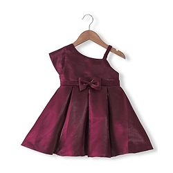 Babyhug Party Wear One Shoulder Pleated Dress With Bow Applique - Maroon