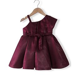 Babyhug Party Wear One Shoulder Pleated Dress With Bow Applique - Maroon