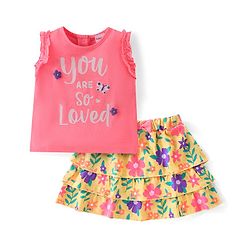 Babyhug 100% Cotton Knit Sleeveless Top & Skirt With Text & Floral Print - Pink & Yellow