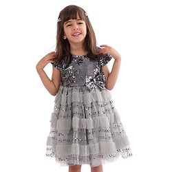 Babyhug Cap Sleeves Party Frock  with Sequinned Yoke & Bow Applique - Grey