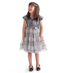 Babyhug Cap Sleeves Party Frock  with Sequinned Yoke & Bow Applique - Grey