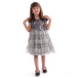 Babyhug Cap Sleeves Party Frock  with Sequinned Yoke & Bow Applique - Grey