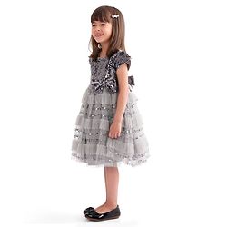 Babyhug Cap Sleeves Party Frock  with Sequinned Yoke & Bow Applique - Grey