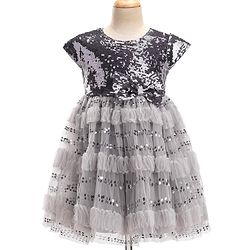 Babyhug Cap Sleeves Party Frock  with Sequinned Yoke & Bow Applique - Grey