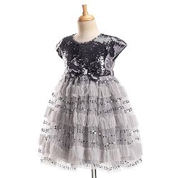 Babyhug Cap Sleeves Party Frock  with Sequinned Yoke & Bow Applique - Grey