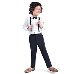 Babyhug Knit Full Sleeves Boat Print  Party Shirt & Trousers with Cap  Bow & Suspender - White & Navy Blue