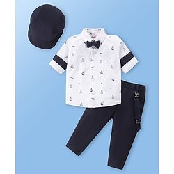 Babyhug Knit Full Sleeves Boat Print  Party Shirt & Trousers with Cap  Bow & Suspender - White & Navy Blue