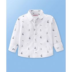 Babyhug Knit Full Sleeves Boat Print  Party Shirt & Trousers with Cap  Bow & Suspender - White & Navy Blue