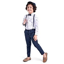 Babyhug Knit Full Sleeves Rainbow Print Party Shirt & Trousers with Cap Bow & Suspender - White & Black