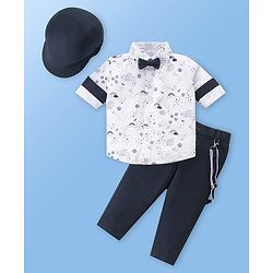 Babyhug Knit Full Sleeves Rainbow Print Party Shirt & Trousers with Cap Bow & Suspender - White & Black