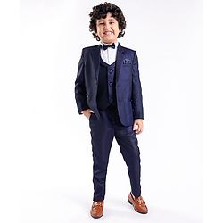 Babyhug Full Sleeves Solid Color Party Suit With Waistcoat & Bow -Navy Blue