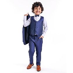 Babyhug Full Sleeves Solid Color Party Suit With Waistcoat & Bow -Navy Blue