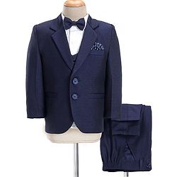 Babyhug Full Sleeves Solid Color Party Suit With Waistcoat & Bow -Navy Blue