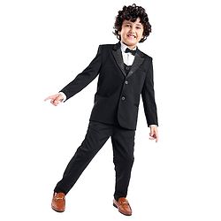 Babyhug Party Wear Full Sleeves Embellished Party Suit With Waistcoat & Bow - Black & White