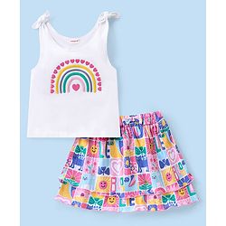 Babyhug Single Jersey Knit Sleeveless Top & Skirt Set Rainbow Embroidery & Floral Print - Pink & Multicolor