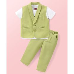 Babyhug Knit Half Sleeves Printed T-Shirt & Trouser With Waistcoat - Green