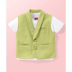 Babyhug Knit Half Sleeves Printed T-Shirt & Trouser With Waistcoat - Green