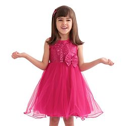 Babyhug Woven  Sleeveless Party Wear Fit and Flare Sequinned Dress with Bow Applique - Red