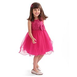 Babyhug Woven  Sleeveless Party Wear Fit and Flare Sequinned Dress with Bow Applique - Red