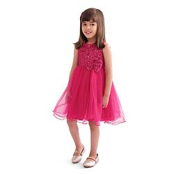 Babyhug Woven  Sleeveless Party Wear Fit and Flare Sequinned Dress with Bow Applique - Red