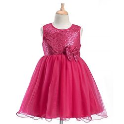 Babyhug Woven  Sleeveless Party Wear Fit and Flare Sequinned Dress with Bow Applique - Red
