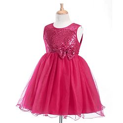Babyhug Woven  Sleeveless Party Wear Fit and Flare Sequinned Dress with Bow Applique - Red