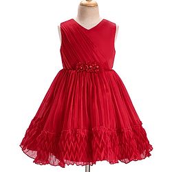 Babyhug Woven Sleeveless Fit and Flare Party Dress with Textured Fabric - Red