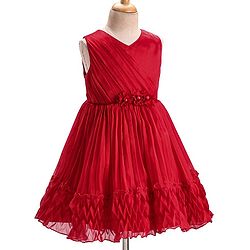 Babyhug Woven Sleeveless Fit and Flare Party Dress with Textured Fabric - Red