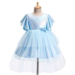 Babyhug Woven  Flared Sleeves Fit and Flare High Low Party Dress with Floral Corsage- Blue