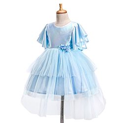 Babyhug Woven  Flared Sleeves Fit and Flare High Low Party Dress with Floral Corsage- Blue