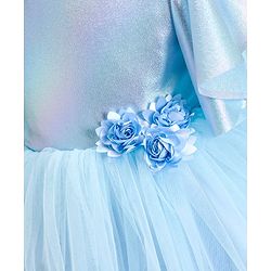 Babyhug Woven  Flared Sleeves Fit and Flare High Low Party Dress with Floral Corsage- Blue