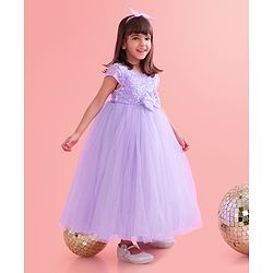 Babyhug Cap Sleeves Party Wear Gown With Lace Detail & Sequin Detailing - Lavender
