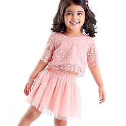 Babyhug Woven Three Fourth Sleeves Lace Detailing Top & Glittered Skirt - Peach