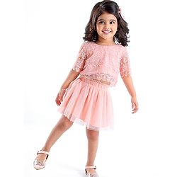 Babyhug Woven Three Fourth Sleeves Lace Detailing Top & Glittered Skirt - Peach