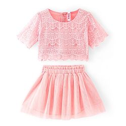 Babyhug Woven Three Fourth Sleeves Lace Detailing Top & Glittered Skirt - Peach