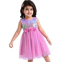 Babyhug Sleeveless Fit & Flared Party Frock with Sequin Detailing Floral Applique - Pink