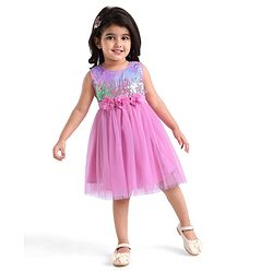 Babyhug Sleeveless Fit & Flared Party Frock with Sequin Detailing Floral Applique - Pink