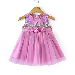 Babyhug Sleeveless Fit & Flared Party Frock with Sequin Detailing Floral Applique - Pink