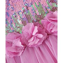 Babyhug Sleeveless Fit & Flared Party Frock with Sequin Detailing Floral Applique - Pink