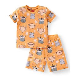 Babyhug Single Jersey Half Sleeves Night Suit Zebra Print - Orange