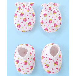 Babyhug 100% Cotton Mittens & Booties Set with Strawberry Print - White
