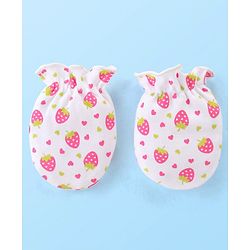 Babyhug 100% Cotton Mittens & Booties Set with Strawberry Print - White