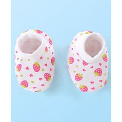 Babyhug 100% Cotton Mittens & Booties Set with Strawberry Print - White